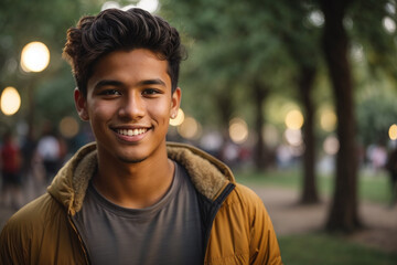 portrait of a young student mexican man in park	 - obrazy, fototapety, plakaty