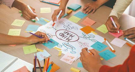 Professional startup group share creative marketing idea by using mind map. Young skilled business people brainstorm business plan while writing sticky notes. Focus on hand. Closeup. Variegated.