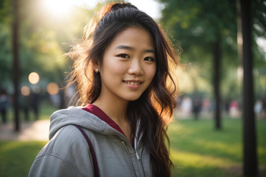 portrait of a young woman in park	