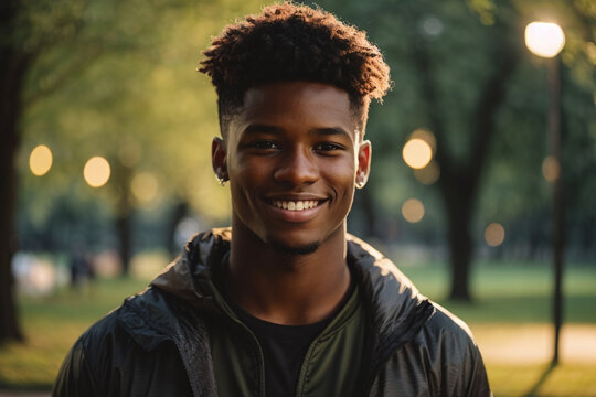 portrait of a young student black man in park