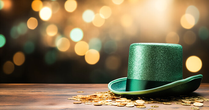 St. Patrick's Day celebration concept - traditional Irish green hat on wooden table top, background with golden bokeh