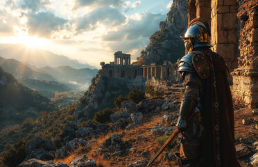 A armored Roman gladiator overlooking ancient Rome earth. Holding a sword and shield.