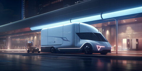 Parcel delivery truck of a beautiful Transportation with futuristic design A white tesla truck drives down a road at night.AI Generative
