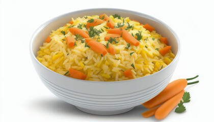 A white background with a single carrot and saffron-topped pilaf
