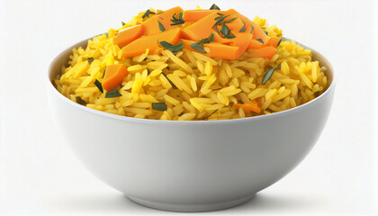 A white background with a single carrot and saffron-topped pilaf