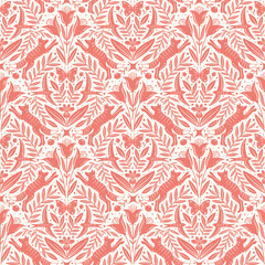 Hand drawn floral woodland seamless pattern, decorative animals, fox, bird, flowers seamless pattern