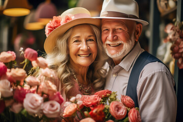 Happy elderly couple celebrating anniversary of living together with lush bouquet of roses and holiday decoration against interior background. Concept of enduring love and healthy aging life