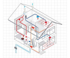 isometric style heating pipe installation flow