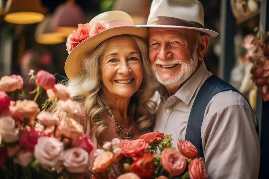 Happy elderly couple celebrating anniversary of living together with lush bouquet of roses and holiday decoration against interior background. Concept of enduring love and healthy aging life