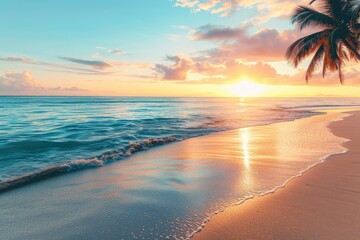 Serene beach scene with sunset, tropical vacation concept