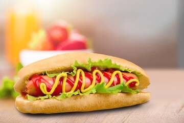 Soft tasty fresh fast food hot dog with sausage