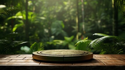 Wooden circular podium in a tropical forest with a pristine natural atmosphere, suitable for business product presentations - obrazy, fototapety, plakaty