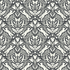 Hand drawn floral woodland seamless pattern, decorative animals, fox, bird, flowers seamless pattern