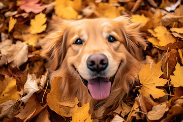 Happy Golden Retriever in a Pile of Leaves in Fall. Generative AI