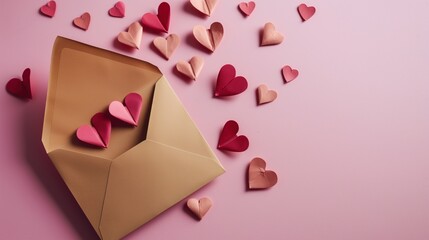 Envelope of Love: Paper Hearts Spilling from Golden Pouch on Pink Background
