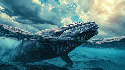 In the picture, a beautiful whale, protruding from the water, conveys a feeling of fun and playful