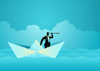 Businessman using a telescope while standing on a small paper boat in the expansive ocean symbolizes the courage to venture into the unknown, vision, exploration, and entrepreneurial spirit