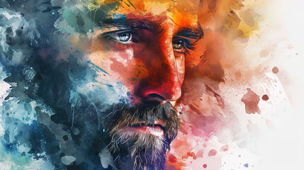 Portrait of a man with watercolor elements in a beard giving extravagance - obrazy, fototapety, plakaty