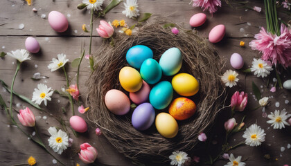 Fototapeta na wymiar Festive Easter scene with a nest of colorful eggs and spring flowers on a wooden surface.