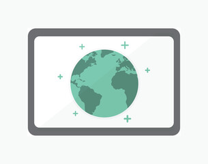 digital network connection illustration: internet of things, seo, online education platform, tablet pc side view, world map background
