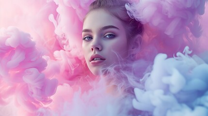 Ethereal Woman in Pink and Purple Smoke