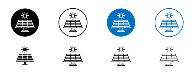 Sun Energy Line Icon Set. Solar panel renewable power symbol in black and blue color. - obrazy, fototapety, plakaty