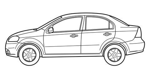 Classic business class sedan car. 4 door car on white background. Side view shot. Outline doodle vector illustration	
