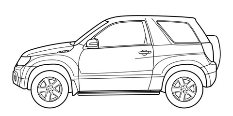 Classic compact suv car. Crossover car front view shot. Outline doodle vector illustration. Design for print, coloring book	
