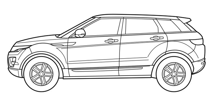 Ivano-Frankivsk, Ukraine - 24 November 2023: Outline drawing of a Land Rover Range Rover Evoque classic executive busines suv car, crossover car from side view. Hand drawn vector doodle illustration