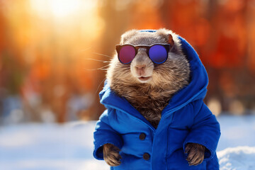 Relaxed groundhog with a blue coat and sunglasses walks outdoors in winter. Groundhog Day celebration.