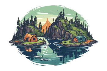 Vector art camping with river and forest, landscape with a river, landscape with trees and water