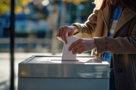 Woman Depositing Voting Ballot Into Ballot Box at Polling Station