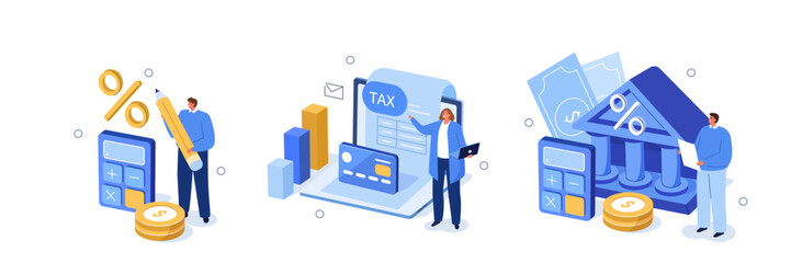 Taxes set. Collections of characters preparing and calculating tax declaration and making income tax refund. Financial management concept. Vector illustration. - obrazy, fototapety, plakaty