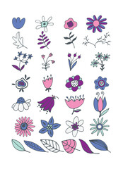 Bouquet maker - different flowers vector elements. Colored bouquet. Collection of various bright flowers isolated on a white background. For logo design, tattoo, postcard. Flat design. 