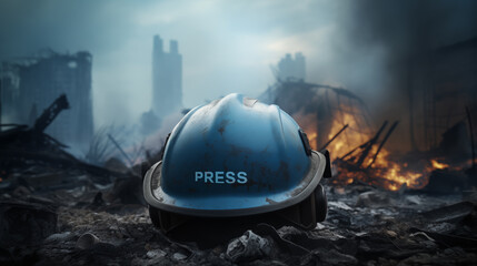 Press helmet in a war region - obrazy, fototapety, plakaty