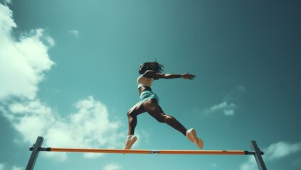 African American female athlete jumping over a hurdle