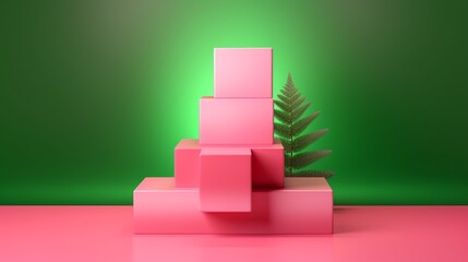 Three steps of pink podium square geometric design in sunlight, for luxurious and modern beauty on organic background