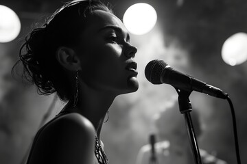 black and white, professional singer using a microphone to sing