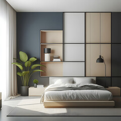 Minimalist interior, Minimal, Minimalist bedroom with a feature wall in a bold color