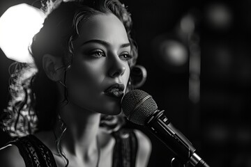 black and white, professional singer using a microphone to sing