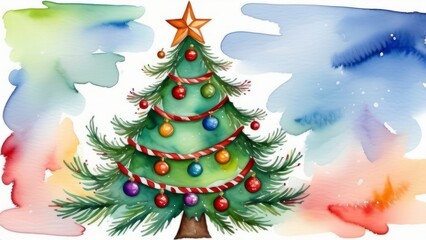 christmas tree with gifts watercolor ai generated