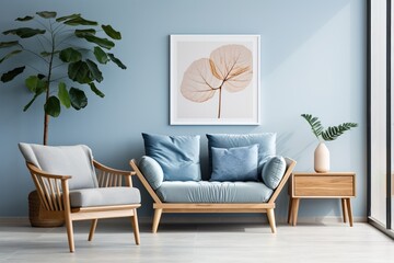 Blue living room with sofa, armchair and wooden side table
