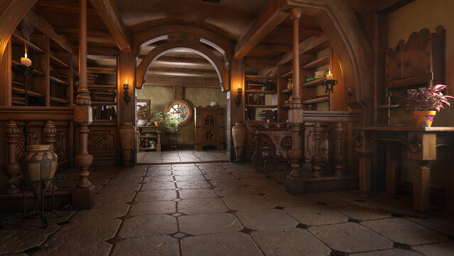 Hallway of a medieval fantasy house for dwarves, halflings or fairies. 3D rendering..