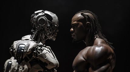An Unlikely Battle: A Cyber Robot Wrestler Vs. A Common Man Wrestler - obrazy, fototapety, plakaty