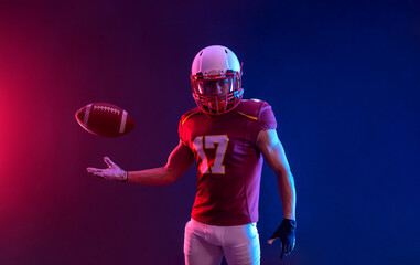 American football player banner with neon colors. Template for bookmaker ads with copy space....