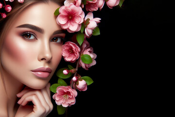 A portrait of beauty woman with nature pink blossom flowers in her hair on black background, copy space. ai generative