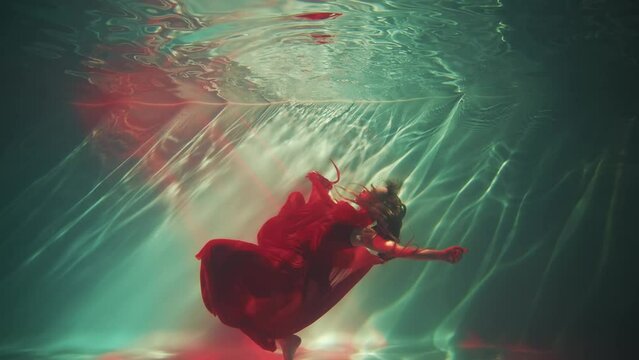 Sexy girl fashion model posing dancing underwater dive creative video shooting waving long legs hands. Fantasy woman swims in dark blue water neon light. silk long red dress. aqua studio pool art 4k