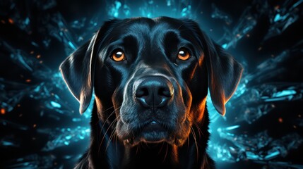 Close-up shot of a magical, glowing Ultra Instinct Mighty Black Labrador, ideal for an enchanting black Labrador wallpaper.
