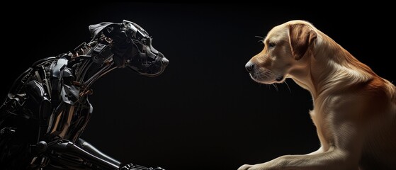 A Contrast Of A Cyber Robot Dog And A Common Dog: Illuminated In A Deep Black Setting With Intensified Lighting And Striking Shadows