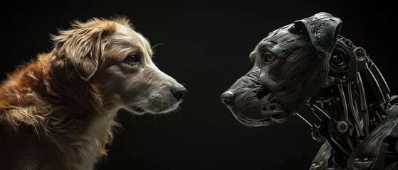 Fotobehang The Contrast Between A Cyber Robot Dog And A Common Dog In A Dark Background With Striking Lighting And Dramatic Shadows © Ян Заболотний